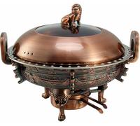 Calentador de Acero Inoxidable, Juego de bufé Redondo de 3 l con bandejas, Soporte para hornilla, Tapa Visible y depósito de Combustible para Bodas, Fiestas y Banquetes. Bronce Verde y Bronce Rojo.