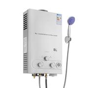 Calentador de agua instantáneo GPL, 16 kW, capacidad 8 l, agua caliente instantánea con alcachofa de ducha y tubo, calentador de agua móvil a gas, para camping, caravana y jardín, alta eficiencia (≥