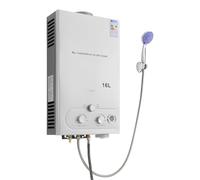 Calentador de agua LPG sin depósito de 16LPM con cabezal de ducha y manguera de ducha, calentador de agua butano de gas portátil para camping, alta eficiencia (≥80,8%), evacuación automática