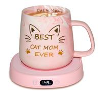 Calentador de tazas con taza de café de gato, 3 ajustes de temperatura ajustables, calentador de café con funciones de apagado automático de 2 a 12 horas, calentador de tazas de pantalla digital para