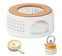 Calentador de Té de Cerámica: Calentador de Tetera con Almohadilla Térmica y Portavelas Diseño Tallado Hueco Calentadores De Tetera para Mantener Té y Café Calientes (Blanco)