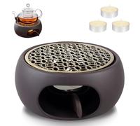 Calentador de tetera de cerámica, hornillo para tetera, tetera calentador, calentador de tetera porcelana con alfombra de estufa, diseño tallado para conservación de calor del té y del café