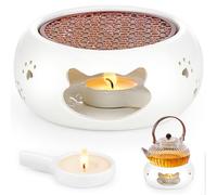 Calentador de Tetera de Porcelana, Alentador de té con Portavelas, Diseño Hueco Calientaplatos para Tetera, Calientaplatos de Cerámica para Café, Té, Leche (Blanco)