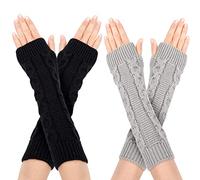 Calentadores de Brazo Guantes Largos de Invierno Sin Dedos Calentador de Punto de Brazo y Muñecas con Agujero de Pulgar para Mujeres 2 Pares (Negro y Gris)