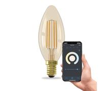 CALEX bombilla LED inteligente, E14 B35 vela con filamento dorado, luz blanca, regulable, control por aplicación y voz