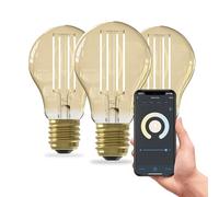 CALEX bombillas LED inteligentes, E27 A60 con filamento dorado, luz blanca, regulables, control por aplicación y voz, pack de 3