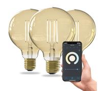 CALEX bombillas LED inteligentes, E27 G95, con filamento dorado, luz blanca, regulables, control por aplicación y voz, pack de 3
