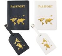 CALFOVERA 2 Juego de Fundas de Viaje de Piel Sintética para Sr. Y Sra, para Pasaporte, Mapa de Luna de Miel, Protector de Tarjetas, Estuche con Etiquetas para Maleta, Etiquetas de Identificación