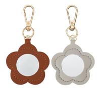 CALFOVERA 2 Llavero Portátil con Colgante Floral de 2 Colores, de Piel Sintética, con Espejo de Maquillaje, Mini Llavero con Flores, Organizador para Bolsos de Mujer (Gris Y Marrón).