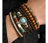 CALFOVERA 6 Pulsera Punk de Cuentas de Madera para Mujer, Apilable, con Forma de Corazón Turquesa, Popular, Ajustable, Estilo Gótico Vintage, Estilo Bohemio, Multicapa, Estilo Occidental, para Uso