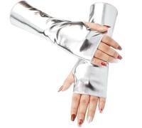 CALFOVERA Guantes Sin Dedos Metálicos Brillantes Plateados, Cortos de Cuero de PU, Mangas Elásticas de Palma, Estilo Gótico Punk, para Vestir, Rock, Escenario, Calentadores de Brazos