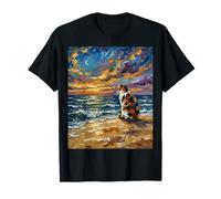 Calico Cat Starry Night Coastal Beach Sunset Obra de Arte Camiseta