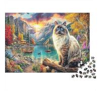 Calico Cat with Blue Eyes in Snowy Mountains Rompecabezas DIY de Papel Premium Gato Ragdoll en Tronco Junto a Lago y montañas, Alivio Educativo del estrés 70x50cm/1000 Piezas