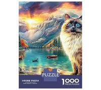 Calico Gato con Ojos Azules en montañas Nevadas Rompecabezas Lobo en la Tierra de la Fantasía Bricolaje Cartón 1000 PC, Juego Desafiante Adultos/Adolescentes, Alivio Estrés, Regalo Familiar 70x50cm