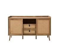 Calicosy - Aparador de 2 puertas correderas y 2 cajones - Frentes de ratán natural, asas de piel sintética negra - Colección Palmo - Salón, Comedor - L 140 x D 39 x H 80 cm