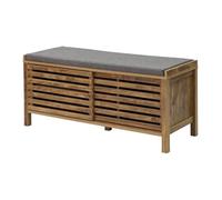 Calicosy - Banco de zapatos con 2 puertas correderas con hojas caladas - Cojín de tela gris lino - patas de madera y decoración madera - Colección Liam - Entrada, dormitorio - L 112 x P 43,5 x 51 cm