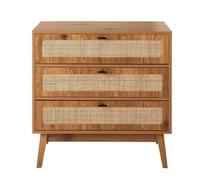 Calicosy - Cajonera con 3 cajones con fachadas de ratán natural y patas efecto madera - 80 x 39 x 79 cm - Diseño natural y elegante - Colección Alia