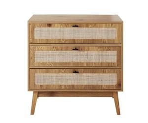 Calicosy - Cajonera con 3 cajones con fachadas de ratán natural y patas efecto madera - 80 x 39 x 79 cm - Diseño natural y elegante - Colección Alia