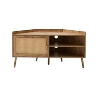 Calicosy - Mueble de TV esquinero con 1 puerta de ratán, 2 nichos abiertos, patas de madera, decoración y botón dorado, colección Palmo, salón, 120 x 40 x 60 cm