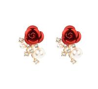 Calidad Premium 1 par Lady Girl Pendientes Flor de Rosa Perla Ear Studs Accesorios para Joyas Love Gift (Red) Fashion Processing