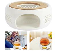 Calientaplatos de cerámica para tetera de cerámica con alfombrilla de corcho, diseño tallado hueco, calentador, color blanco, para mantener caliente el té, café y leche