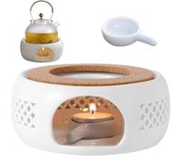 Calientaplatos para tetera, calentador de té de porcelana, calentador de café, diseño tallado hueco, calentador de cerámica, horno de vela de té con corcho y cuchara, calentador de té adecuado para