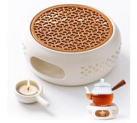 Calientaplatos para tetera de cerámica: 1 calentador de té de porcelana con soporte para velas y alfombrilla de cocina de 15 cm de diámetro, diseño de corte hueco, calentador de tetera para mantener