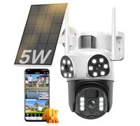 Calike 4K Triple Lente Camara Vigilancia WiFi Exterior con Panel Solar, 360°PTZ,Detección Humana PIR,Visión Nocturna en Color, Audio Bidireccional, Seguimiento Automático,Sirena,IP66,2.4G/5GHz,IP66