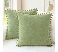 CaliTime Juego de 2 Fundas de cojín acogedoras de felpilla Suave teñida con Pompones para sofá, decoración del hogar, 45 cm x 45 cm, Salvia