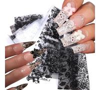 Calkkrer 20 uñas de lámina de transferencia holográfica, lámina láser de encaje blanco y negro, pegatinas autoadhesivas para uñas, pegatinas de lámina de uñas, decoración de manicura DIY