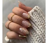 Calkkrer 24 Piezas Diseño de Encaje francés Dorado Impresión de uñas postizas Patrón de lámina Dorada Brillo de uñas postizas Uñas acrílicas Método de Pegamento de Cubierta Completa