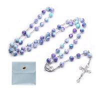 Calkkrer Rosario católico para comunión con cruz retro, bolsa de regalo de terciopelo, elegante cruz para bautizo, boda, fiesta (azul violeta)
