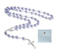 Calkkrer Rosario católico, rosario para comunión, cruz retro, bolsa de regalo de terciopelo, elegante, bautizo, bodas, fiestas (lila pálido)