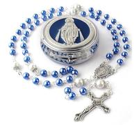Calkkrer Rosario con Cuentas de Vidrio de 6mm y Cuentas de Padre Nuestro de 8mm, Cadena católica en Caja de Regalo metálica, Rosario Azul Personalizado para Primera comunión