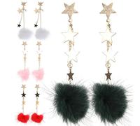 CALLARON 4pares Pendientes De De Cinco Puntas Pendientes Colgantes Bolas De Pelo De Mujer Para Diario De De Largos Bolas De Pelo Sintético