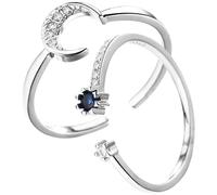 CALLARON Anillos Ajustables para Mujer 2 Piezas Combinación Creativa Abierto Azul Piedra y Plata Joyería de Dedo Anillo de Luna Brillo Fiesta Carnaval Talla Única