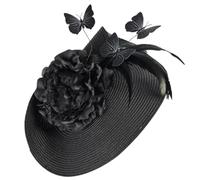 CALLARON Diadema Fascinator para Mujer Sombrero Gran Tocado de Fiesta Tipo Sombrero de Paja Simulado Negro Flores, Mariposas y Plumas, Accesorio Ligero para Banquetes, Bodas y Fiesta de Té