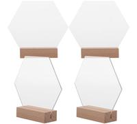 CALLARON Letrero de Mesa Acrílico Hexagonal Transparente Blanco con Soporte de Madera, 4 Piezas para Bodas y Fiestas, Porta Números Elegante y Decorativo