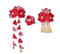 CALLARON Pinzas Pelo Estilo Japonés Diseño de Flores Rojas, 3 Piezas de Tela y Metal, Fáciles de Colocar, Ideales para Usar Kimono o Yukata