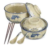 CALLARON Tazón De Ramen De Cerámica De 26 Oz Juego De 2 Tazones De Fideos Japoneses De 6 Pulgadas Tazón De Sopa Grande Con Tapa Cucharas Y Palillos Plato De Ramen Vintage Para Pho Udon