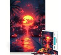 Calle al Atardecer con Palmeras y Coches Rompecabezas de 1000 Piezas para Adolescentes Juguete para ejercitar la Mente Juego en Grupo Corte de precisión Regalo Ideal para Festivales 38x26cm
