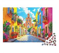 Calle de Pueblo Mediterráneo Colorido Puzzle de 1000 Piezas Papel para Adultos Arquitectura Viva Relajación Decoración Familiar Regalo 38x26cm/1000pcs