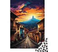 Calle del Pueblo Antiguo Puzzle de 1000 Piezas Papel para Adultos Atardecer en la Montaña Puzzle para Toda la Familia Relajación Decoración Regalo 38x26cm/1000pcs