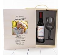 CALLE DEL REGALO Kit de Vino Personalizado con Cune Crianza, Copas de Vino y Caja de Madera con Foto (Aniversario)