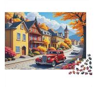Calle Pueblo Otoño Rompecabezas Premium 1000 Piezas Adultos Pueblo Coche Rojo Casas Amarillas Grueso Resistente Vibrante Desafiante Difícil Alivio Estrés 70x50cm/1000pcs