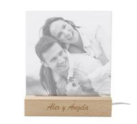 CALLEDELREGALO - Lámpara LED Personalizada con Foto y Texto | Regalo Original para Parejas, San Valentín y Aniversario | Placa de Metacrilato Grabada con Base de Madera de Haya | Luz de Noche con USB