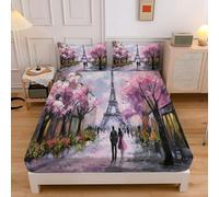 Calles De París Microfibra Sábanas Ajustable 180x200x30cm, Paisaje De Pintura Al Óleo Sabana Bajera Elástica 30 Cm Altura, Ropa De Cama para Casa Dormitorio, Rosa