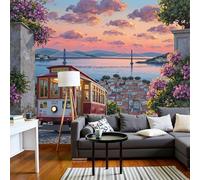 Calles San Francisco Papel Pintado, 450 X 315 Cm Pared Papel Pintado, Paisaje Urbano Al Atardecer Junto Al Mar Decoración De Paredes Para Salón Dormitorio Pasillo Comedor, Color Naranja