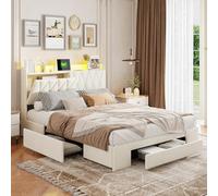 Callicarpa Cama doble, 140 x 200 cm, con cabecero LED y puerto USB, cama de almacenamiento con espacio de almacenamiento, cajones, cama juvenil, estructura de cama, estilo europeo y americano sencillo