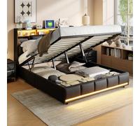 Callicarpa Cama tapizada de 140 x 200 cm con espacio de almacenamiento, cabecero LED con compartimento de almacenamiento y función de carga USB, cama de almacenamiento con iluminación LED, estructura